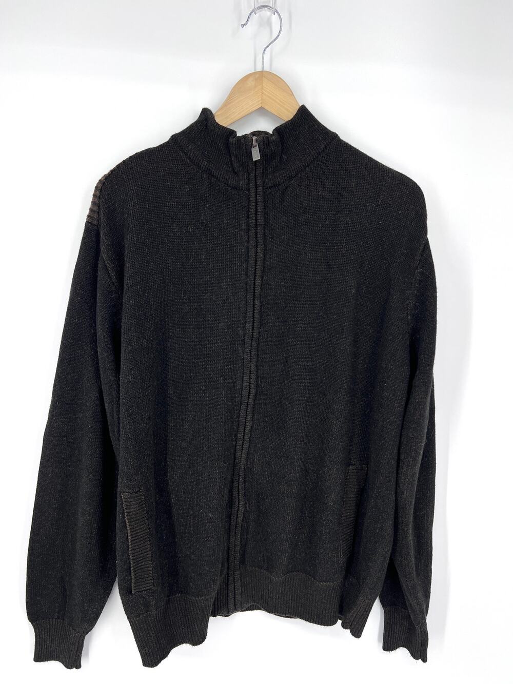 F/X Fusion Mens Brown Full Zip Sweater Elbow Patches Size M NWOT